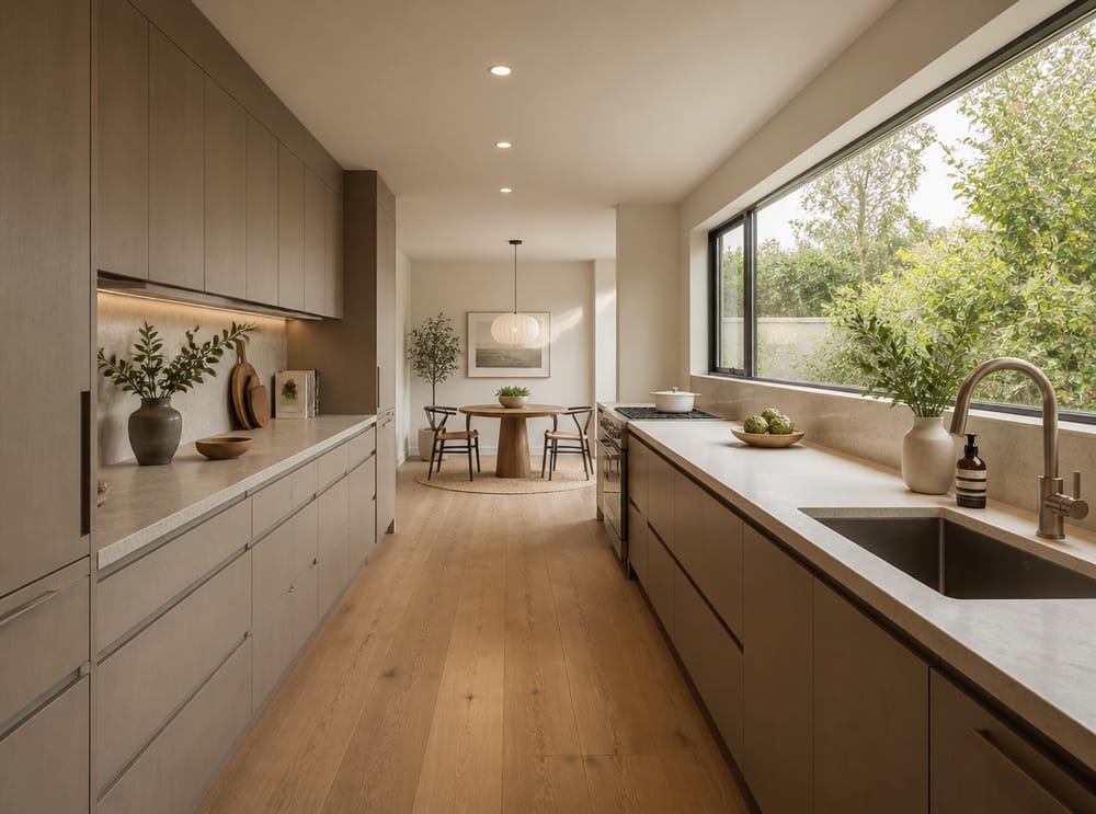 Cocina en galera que abre a rincón comedor, ventana horizontal larga