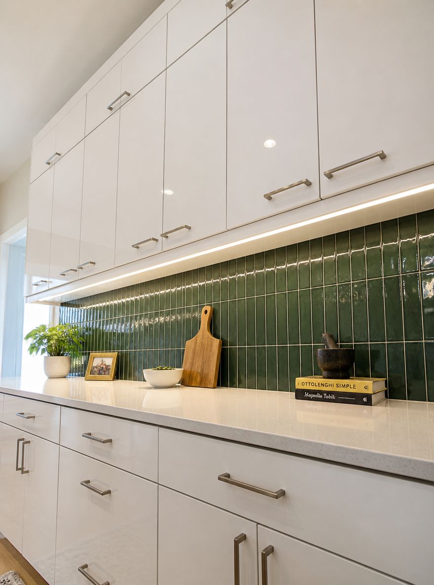 Altos blancos brillantes, LED bajo mueble, azulejo verde