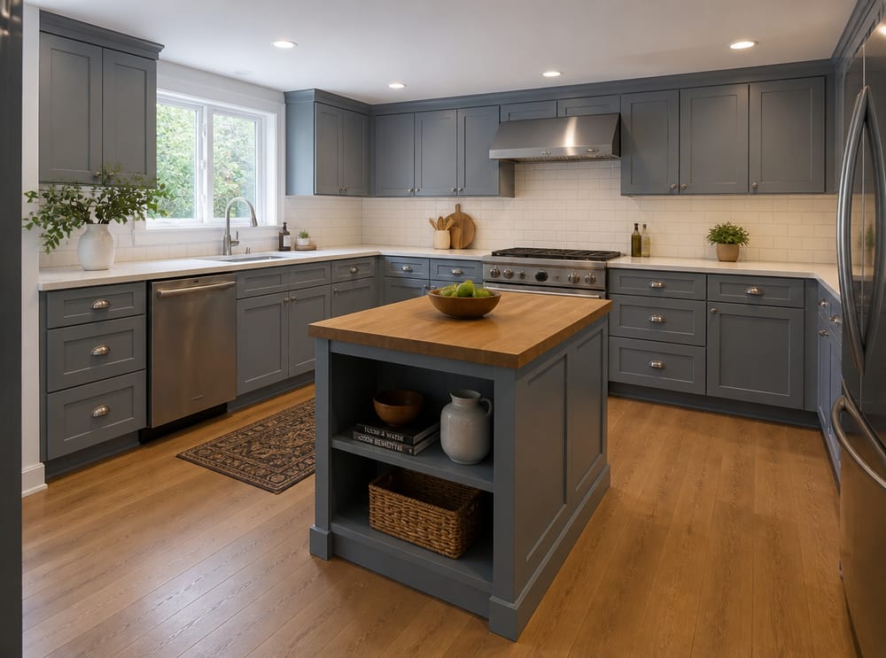 Cocina en L shaker azul empolvado, tiradores cromo, isla de madera