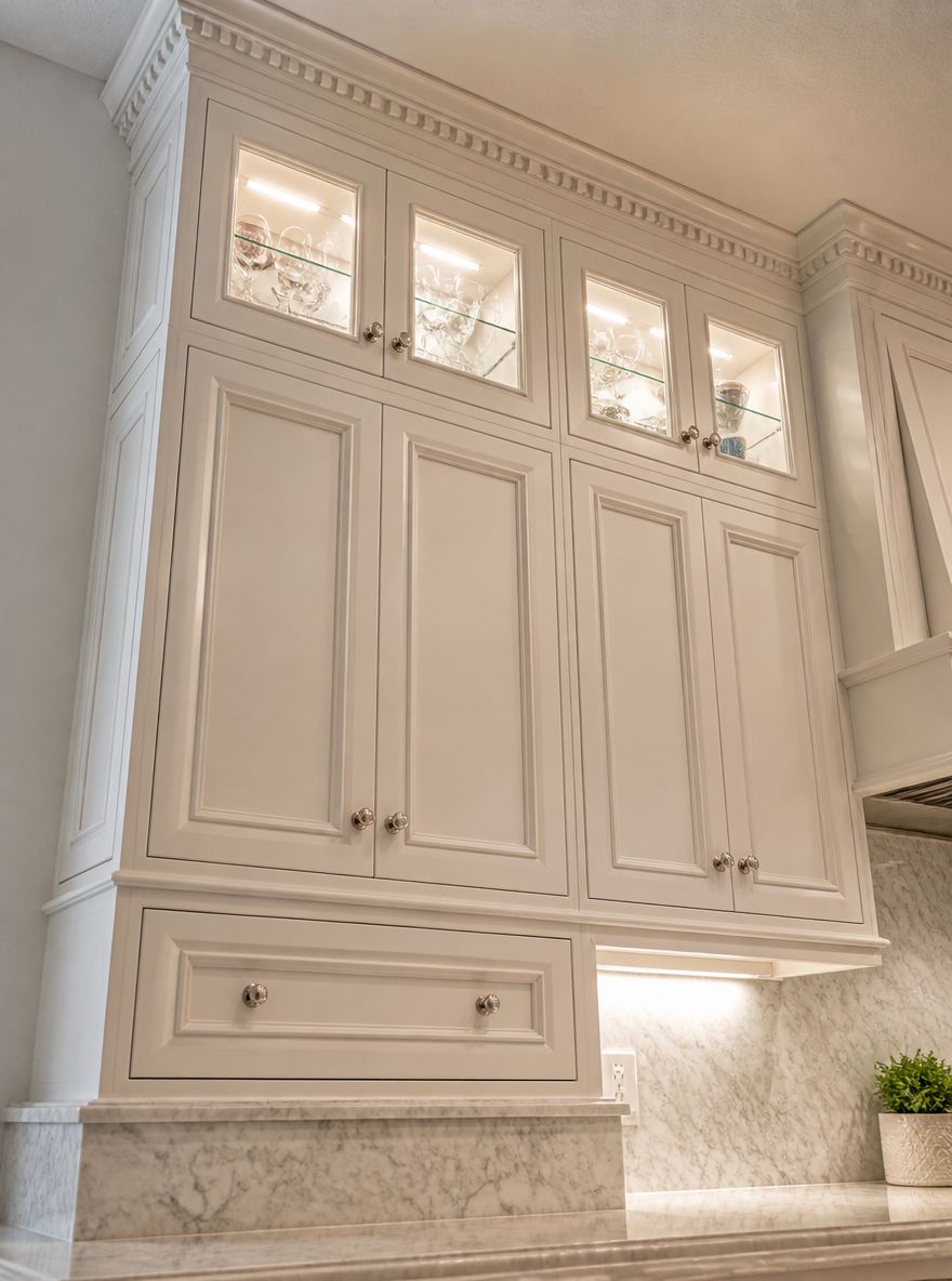 Altos con panel elevado y moldura dentada, estante expositor de cristal