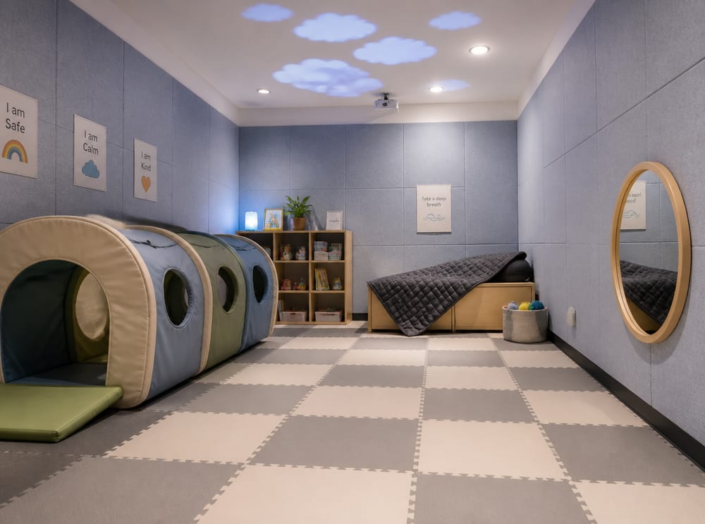 Projector clouds above foam tile floor