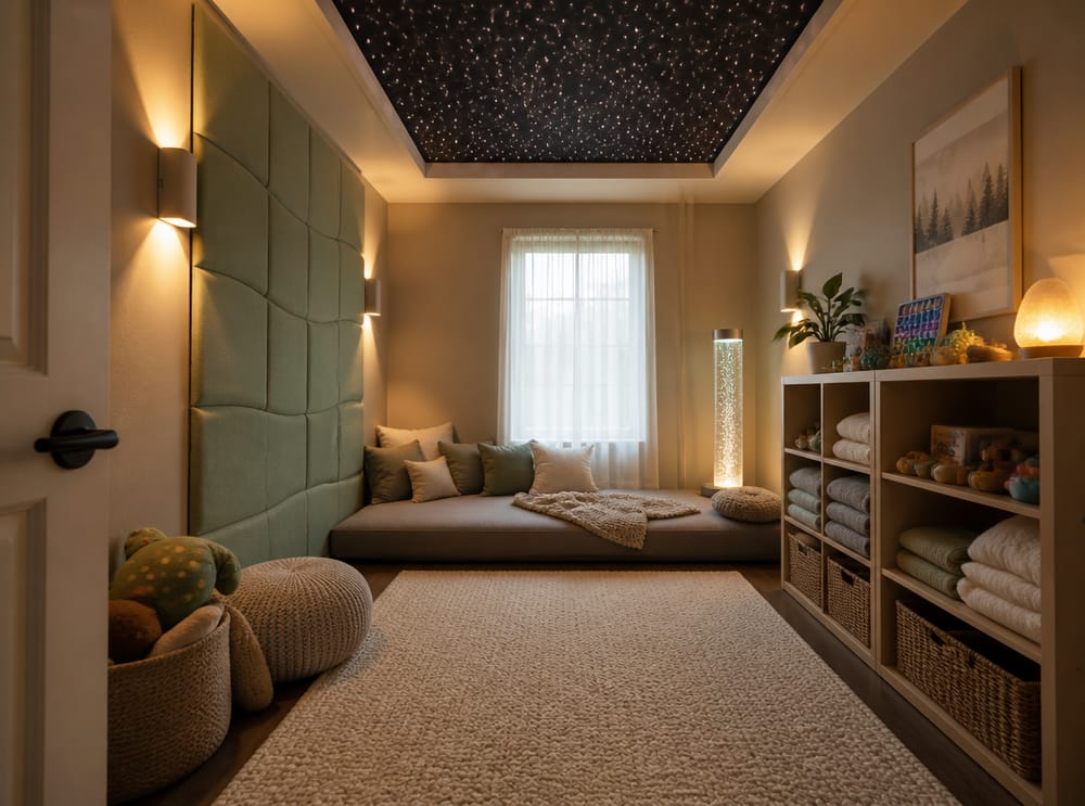 Fiber optic ceiling above a cushioned floor area