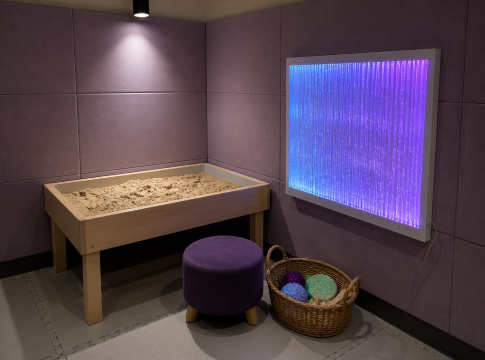 Kinetic sand table beside fiber optic wall panel