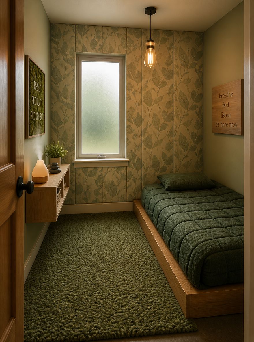Botanical acoustic panels beside a weighted bed