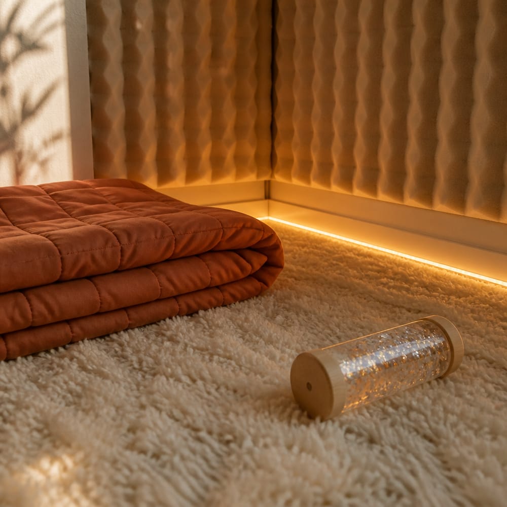 Baseboard LED glow beside weighted blanket corner