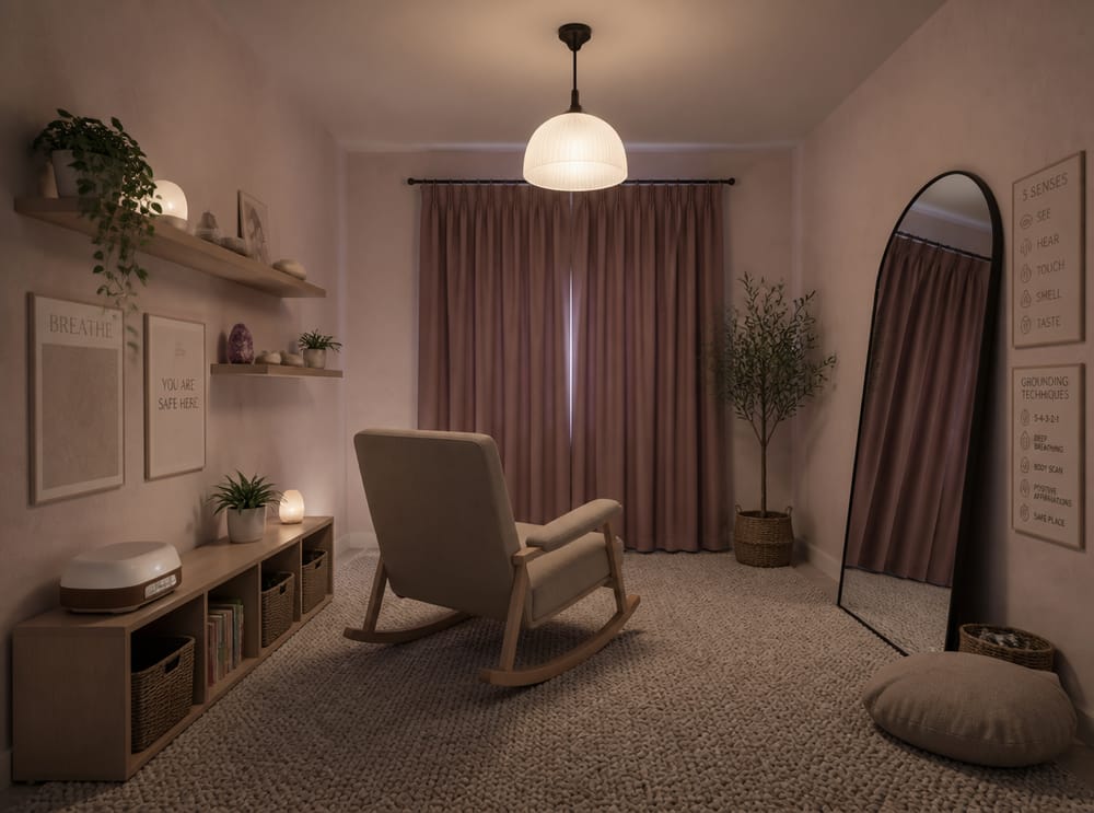 Rocking chair centered beneath frosted pendant