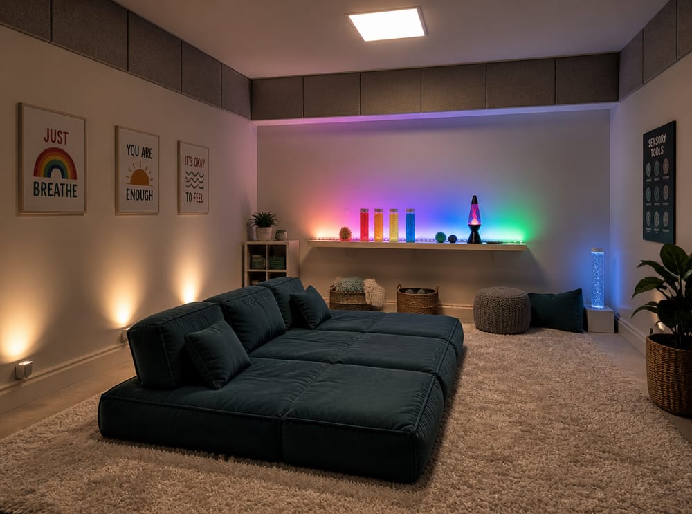 Layered lighting from baseboard to ceiling shelf