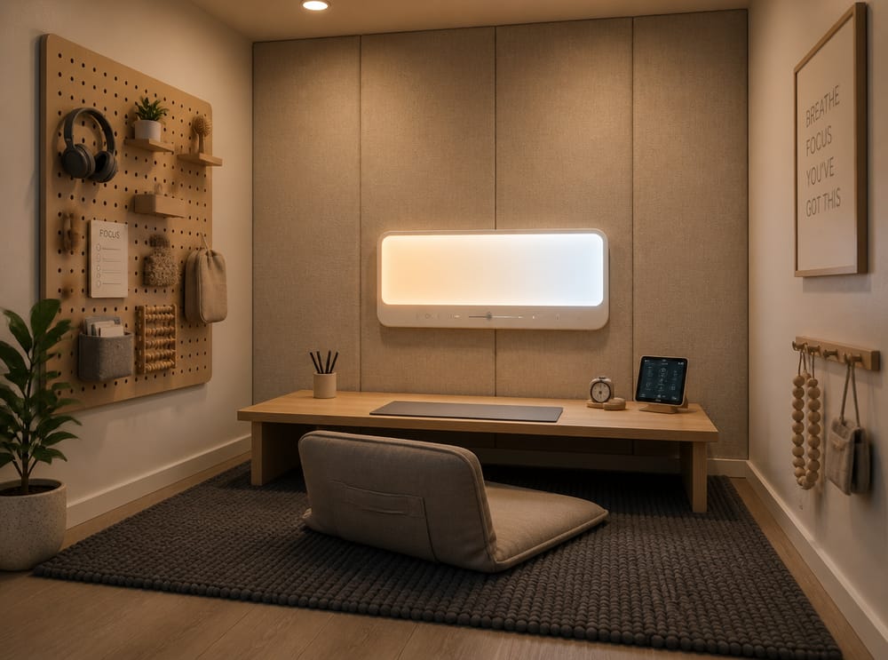 Floor desk with adjustable LED wall panel