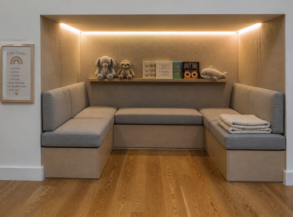 Built-in alcove nook with acoustic fabric walls