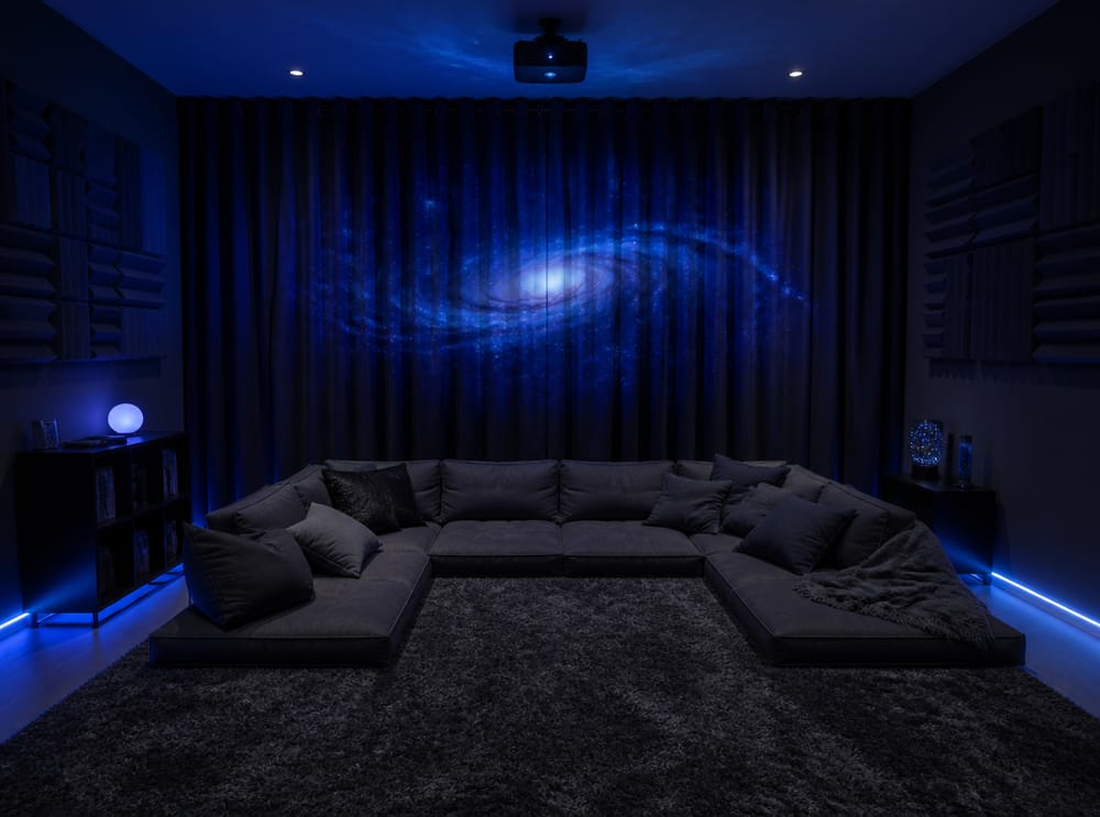 Galaxy projector on navy blackout curtain wall