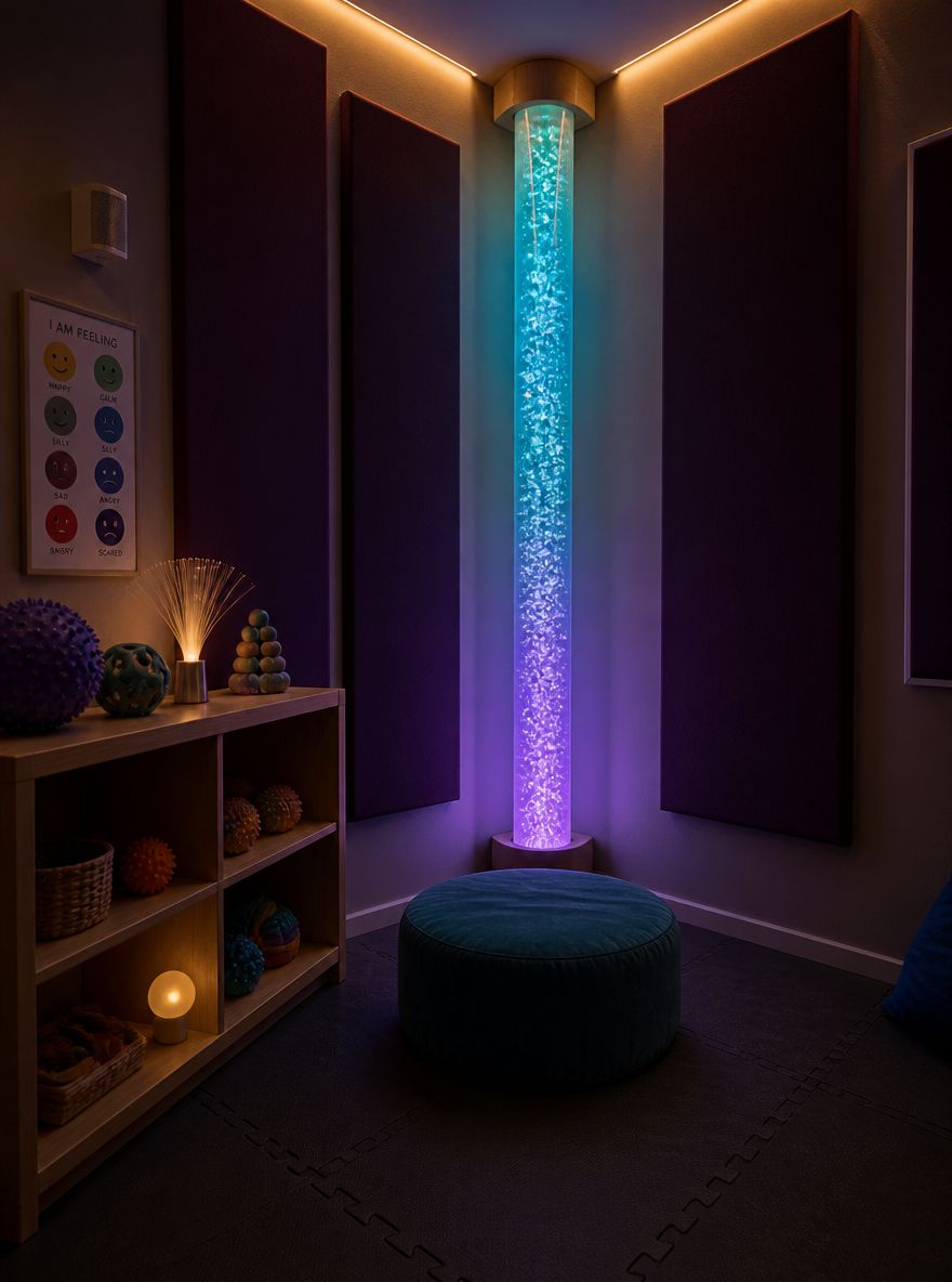 Floor-to-ceiling bubble tube lamp with teal pouffe