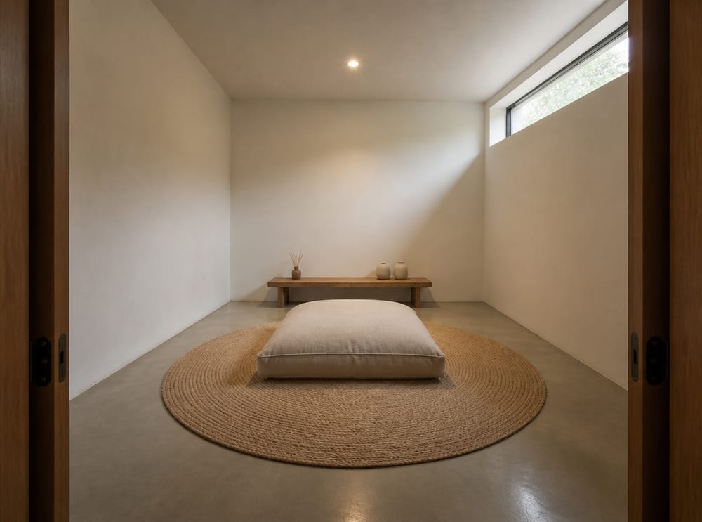 Minimalist floor cushion under single recessed light