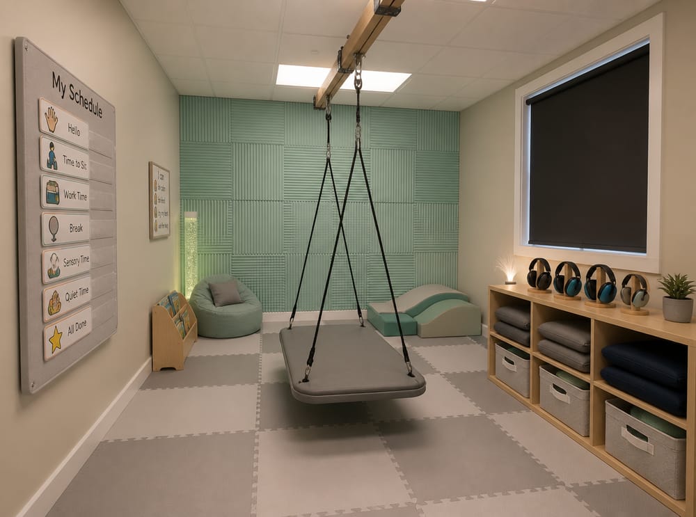 Padded floor swing centered below ceiling beam