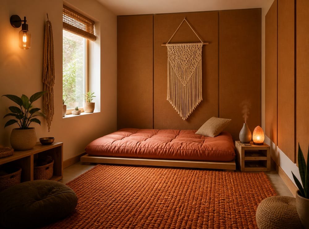 Futon platform beneath a macramé wall hanging
