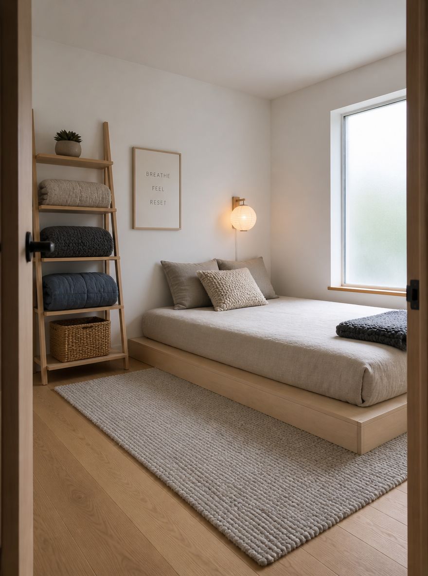 Birch platform bed with white acoustic plaster walls