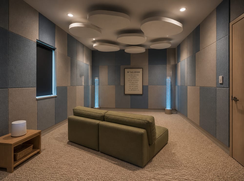 Acoustic cloud panels above a foam sofa