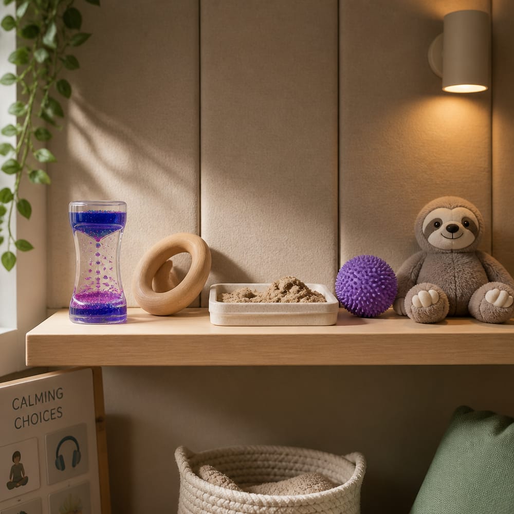 Sensory shelf with glitter timer and tactile tools