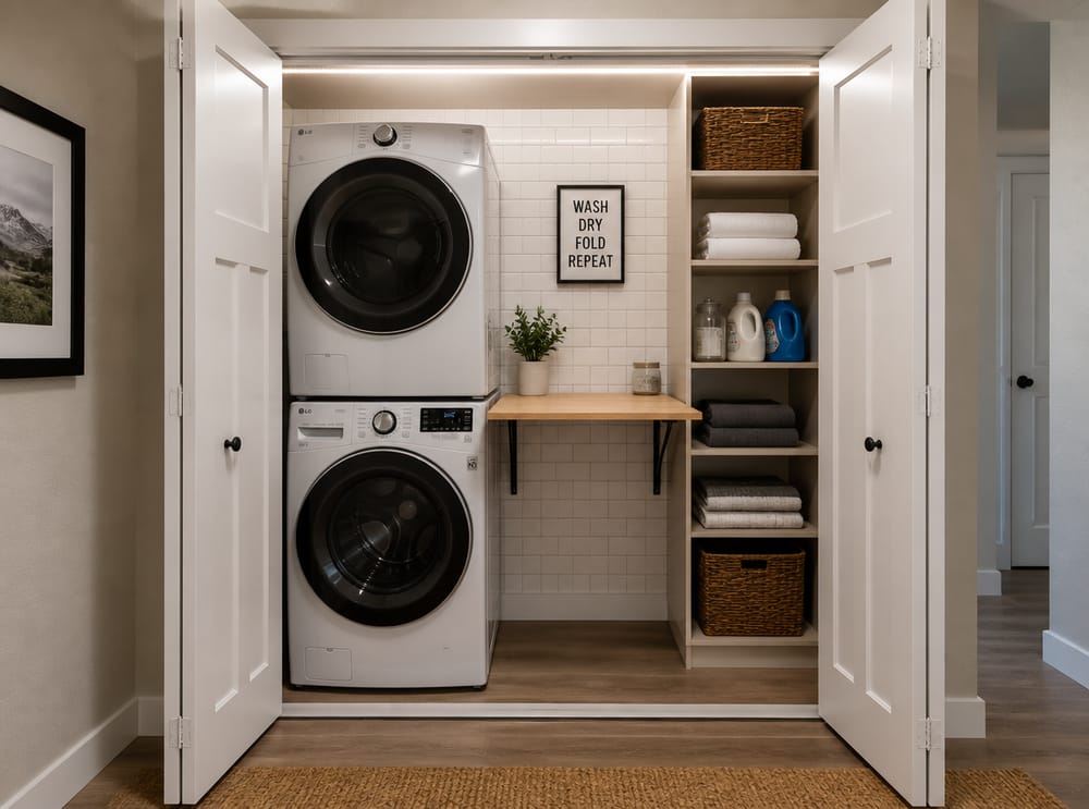 Puertas plegables que abren a máquinas apiladas y estantería