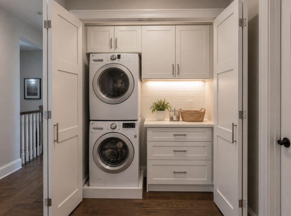 Puertas plegables estilo shaker que abren a gabinetes superiores de ancho completo