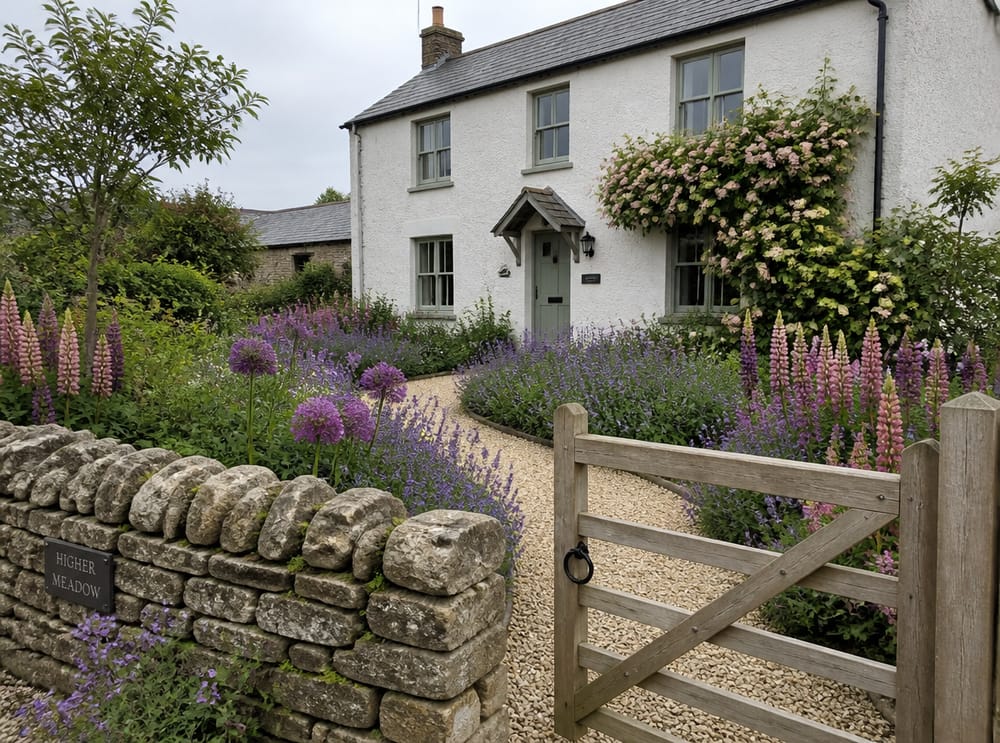 Camino curvo de gravilla entre plantas de estilo cottage
