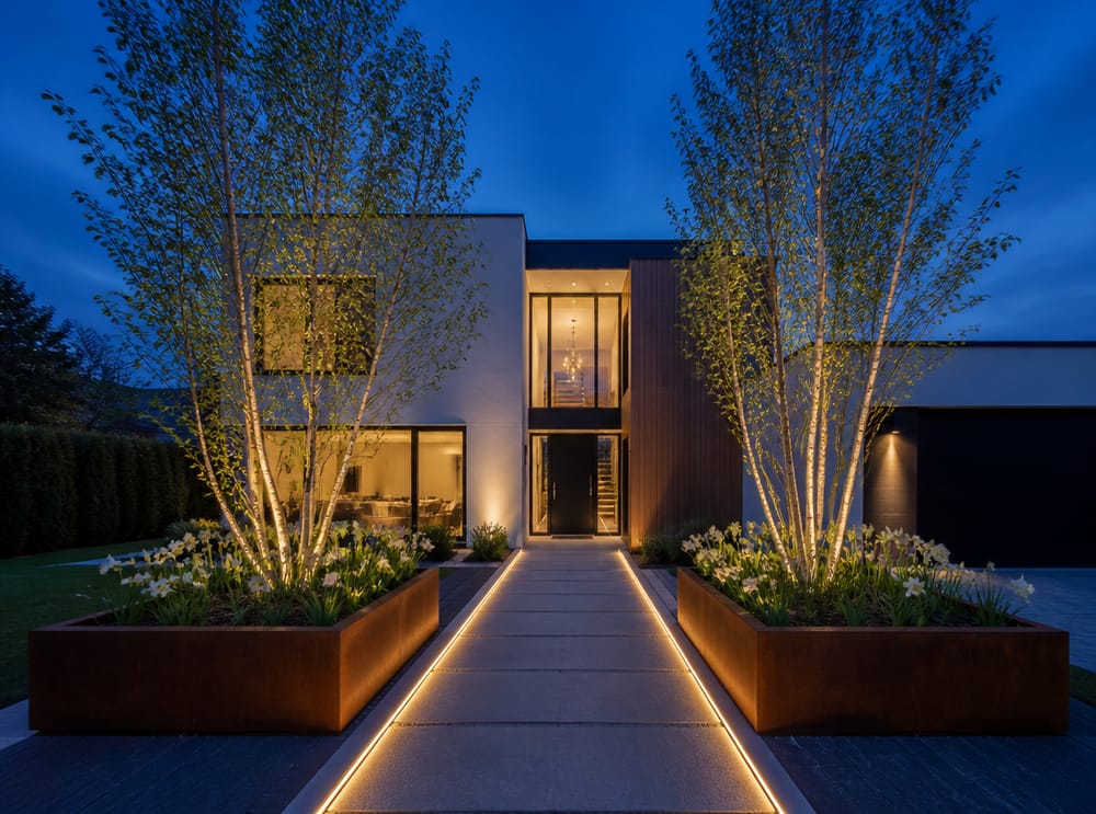 Jardineras de acero corten con abedules de varios troncos