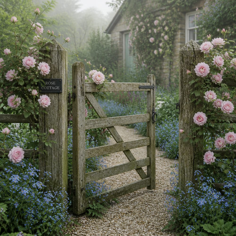 Puerta de madera envejecida con rosas trepadoras