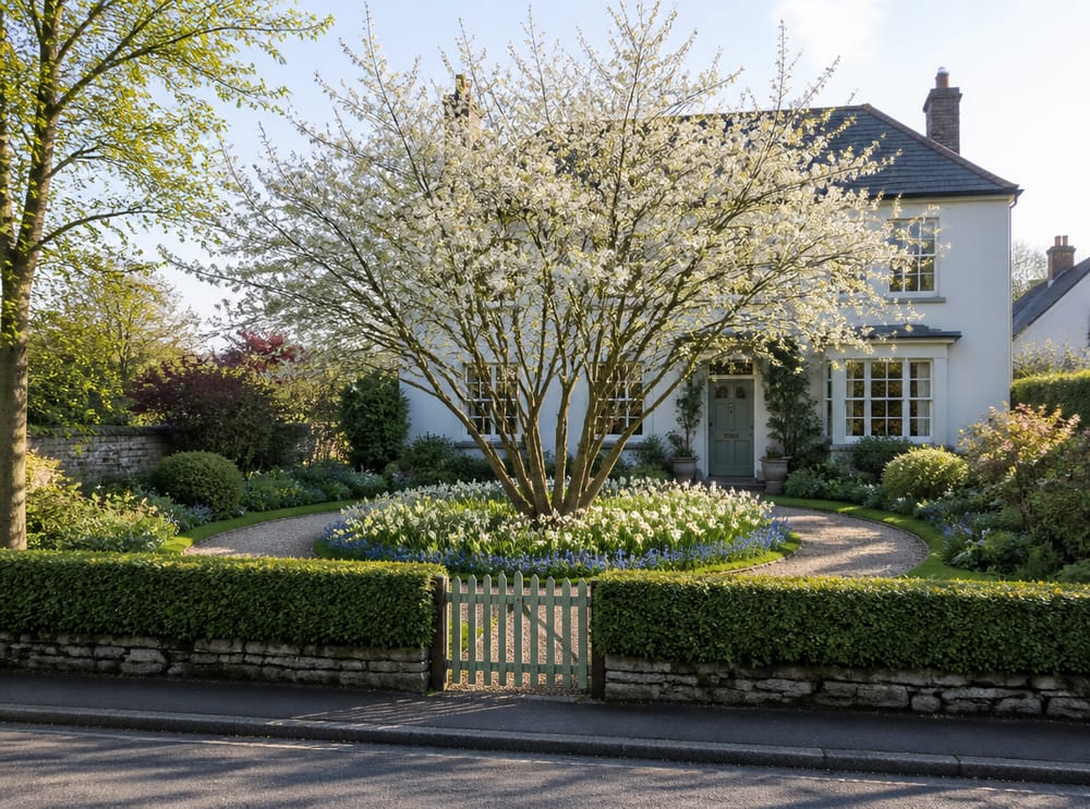 Amelanchier central de varios troncos con camino curvo
