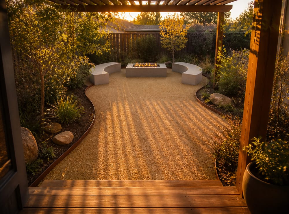 Patio in granito decomposto con bordo in corten e braciere