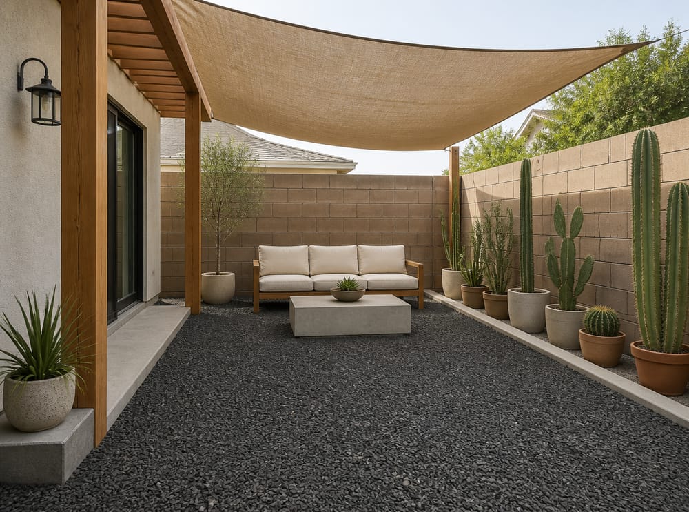 Patio in basaltina scura sotto vela ombreggiante in lino