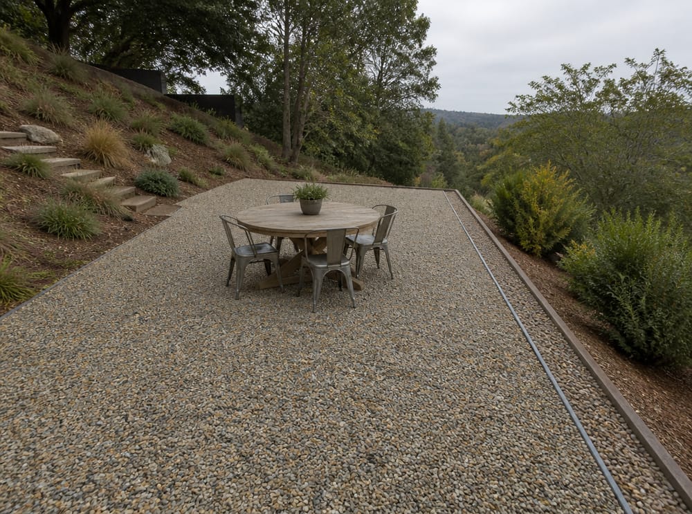 Patio su terreno in pendenza con canale di drenaggio a vista