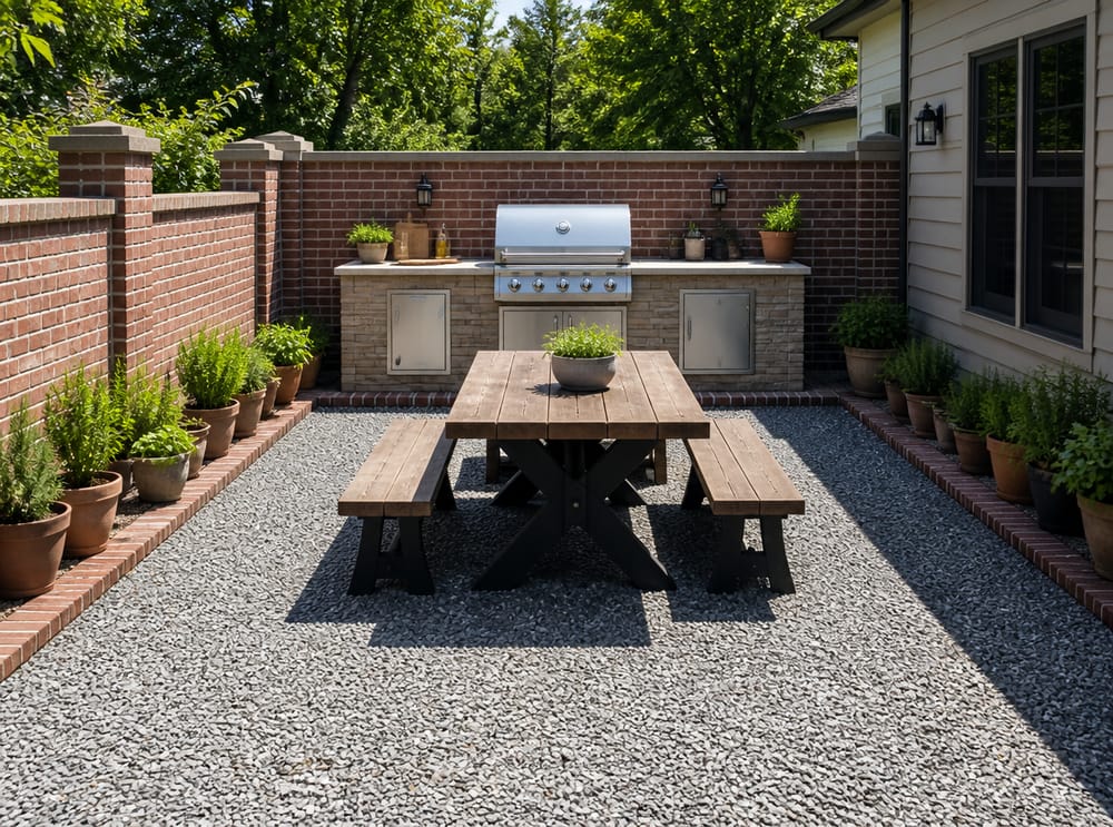 Patio in granito frantumato con barbecue in muratura integrato