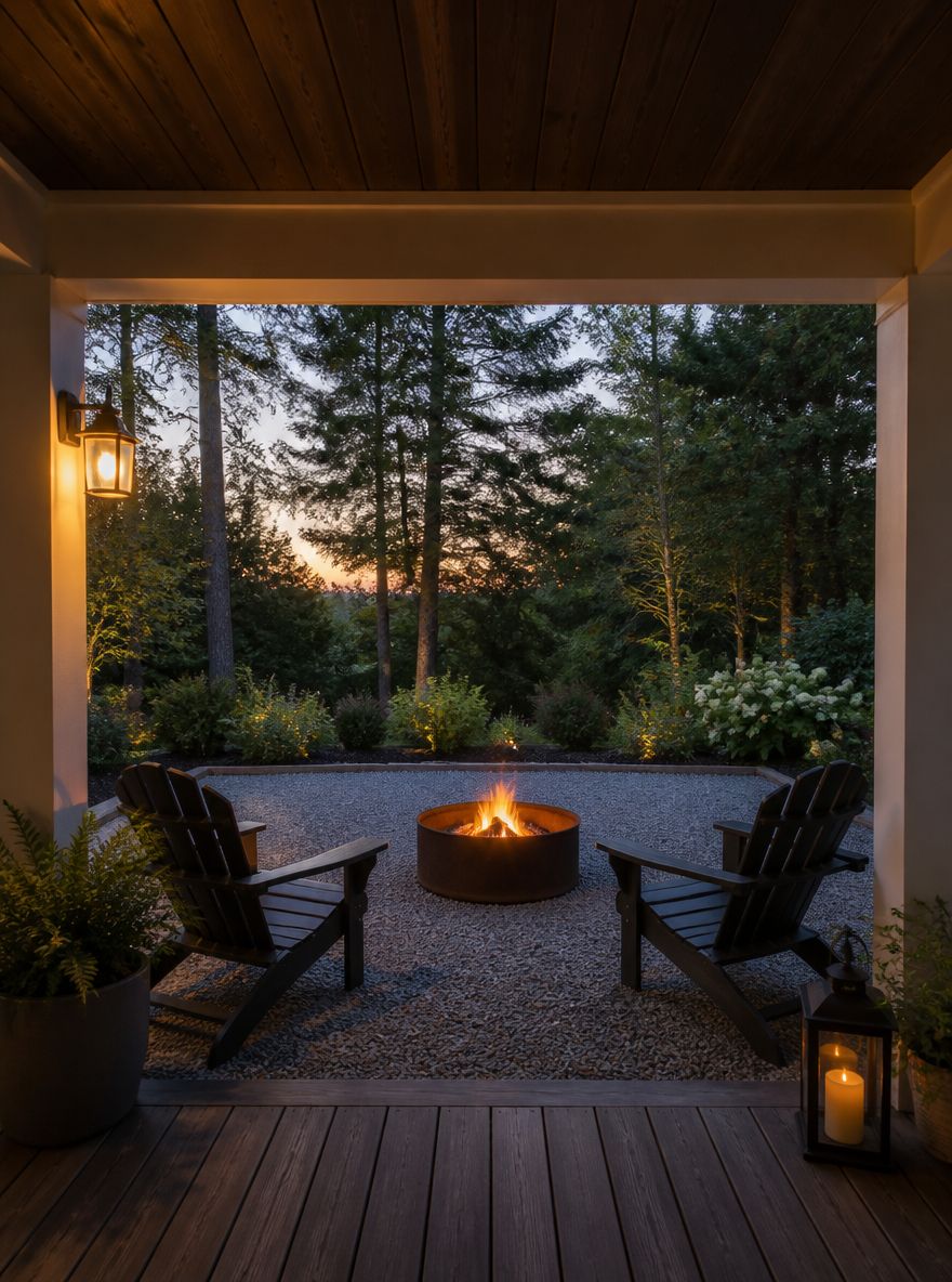Veranda coperta che si apre su patio in granito con braciere