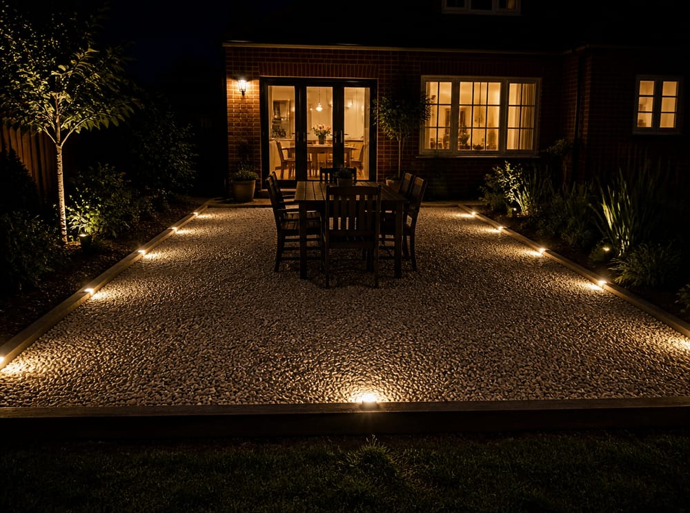 Patio in ghiaino con luci segnapasso a bassa tensione di notte