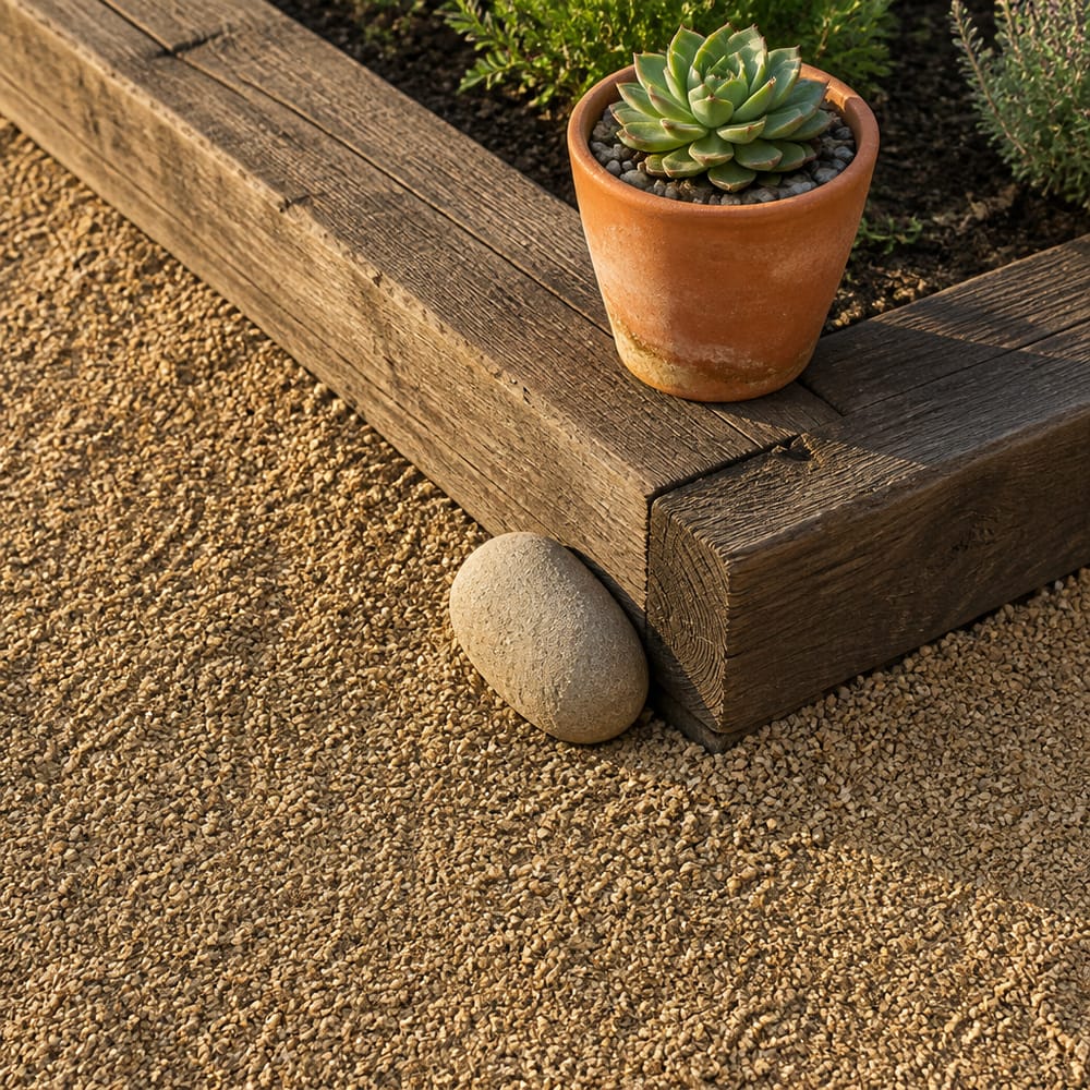 Angolo con traversine e pietre di fiume, decorato con succulente
