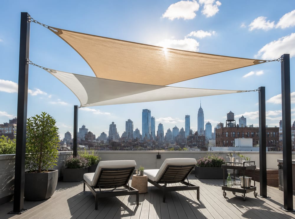 Vele ombreggianti sovrapposte su una terrazza sul tetto
