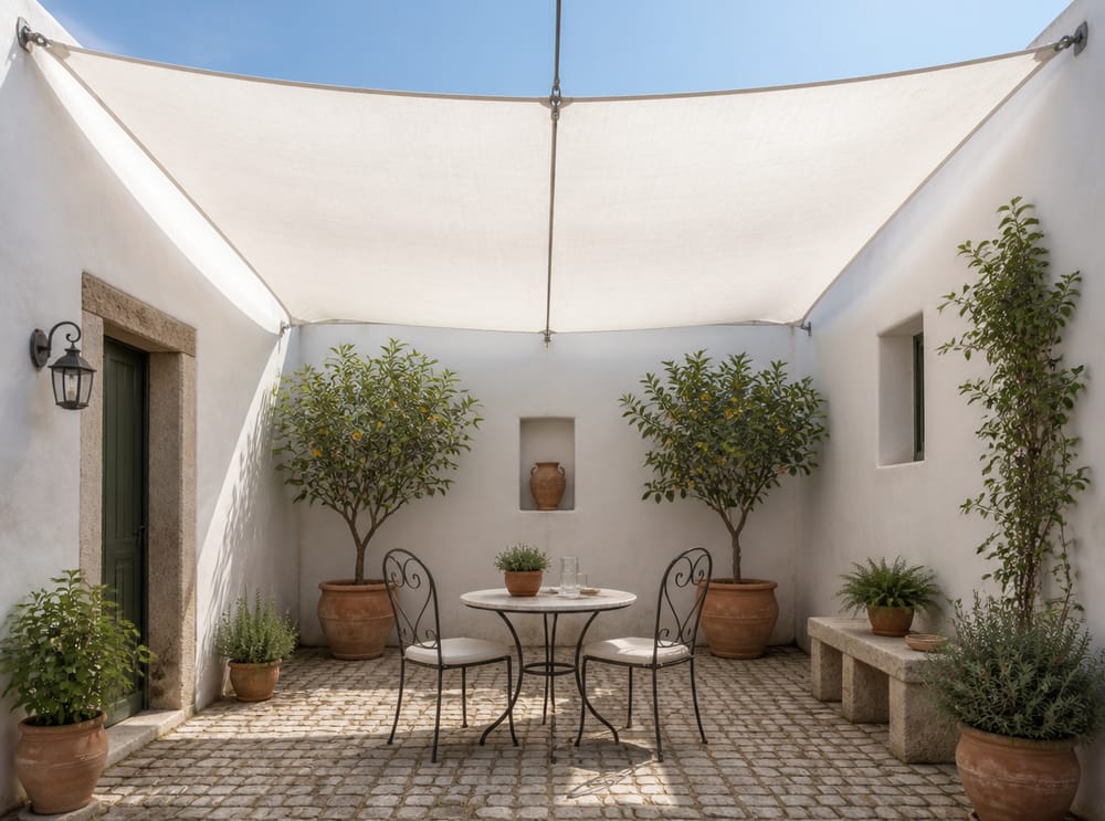 Telo teso che copre il bistrot nel cortile