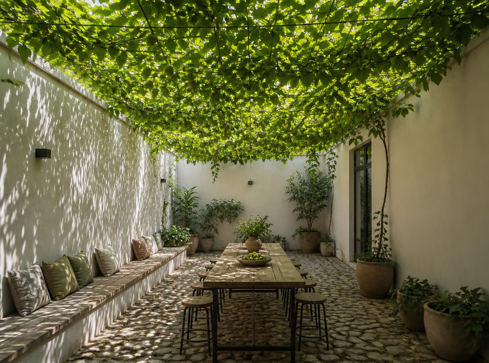 Griglia metallica che sostiene una pergola di viti sul cortile