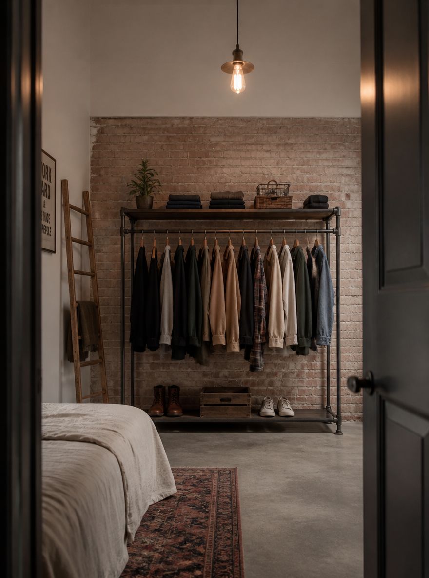 Rack independiente de tubos junto a pared de ladrillo expuesto
