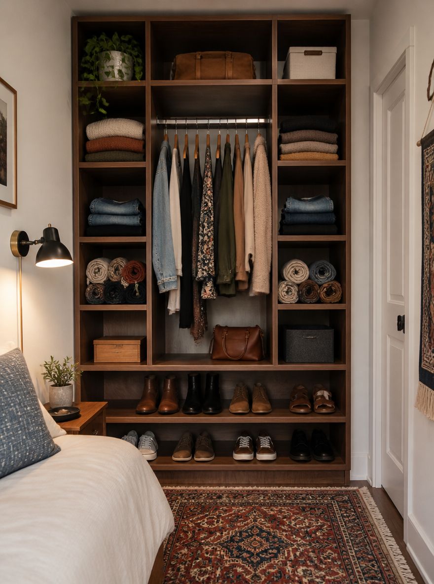 Estantería modular estrecha que también funciona como exhibidor de ropa