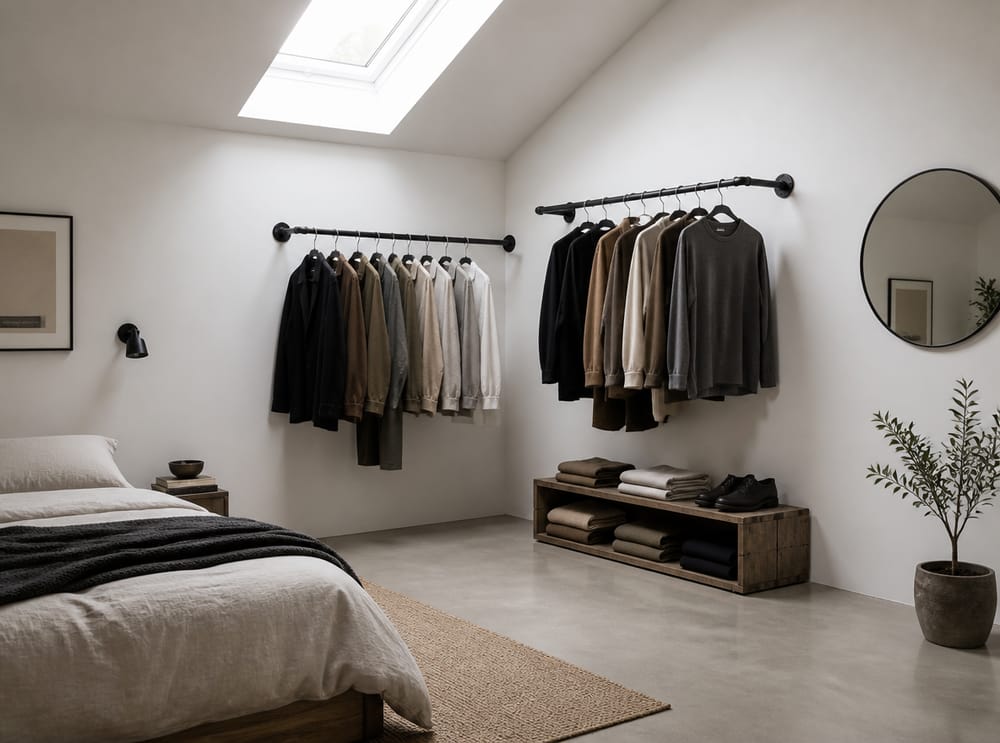 Barras de tubos de metal negro en la esquina de un dormitorio minimalista