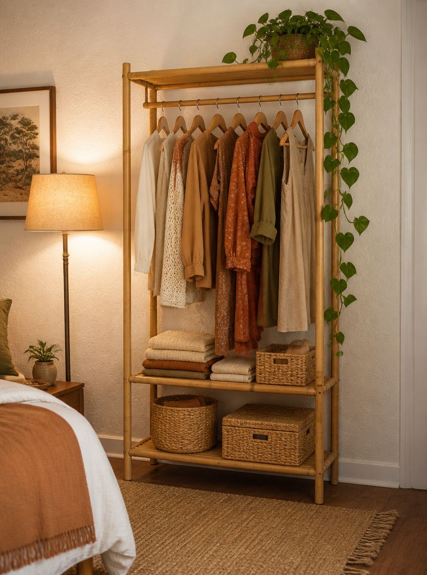 Rack de ropa abierto de bambú con planta colgante