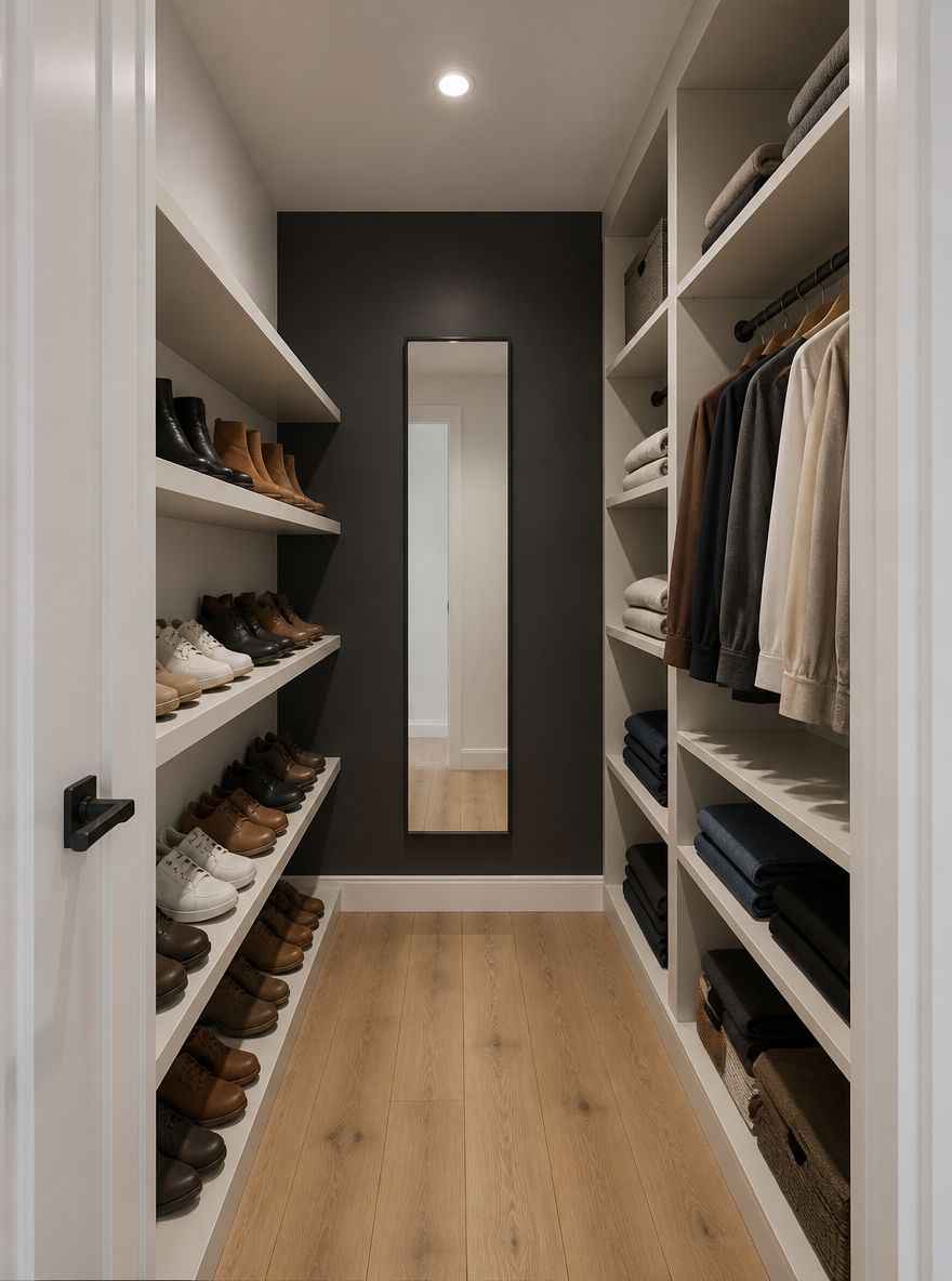 Vestidor con estantes para zapatos y pared acento en color carbón