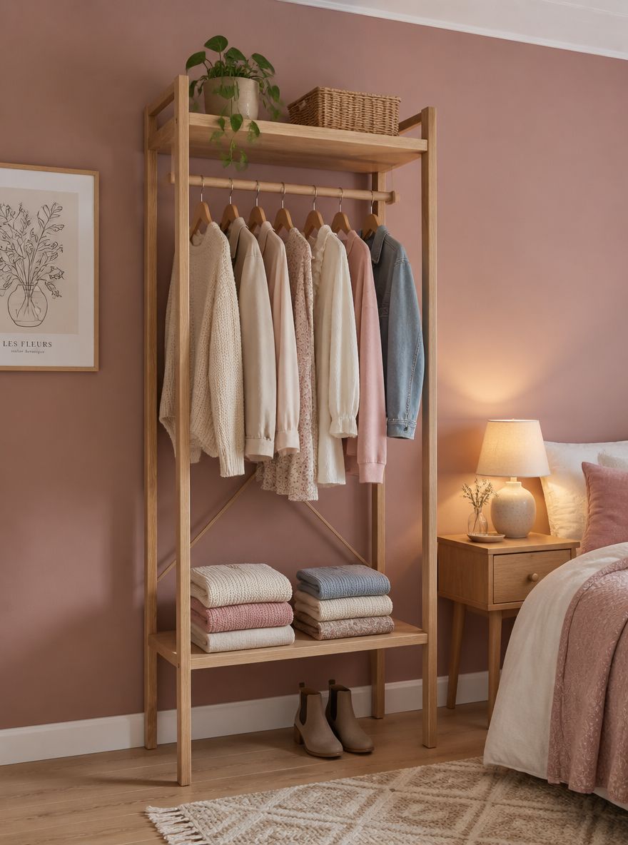 Mueble de clóset abierto frente a pared rosa empolvada