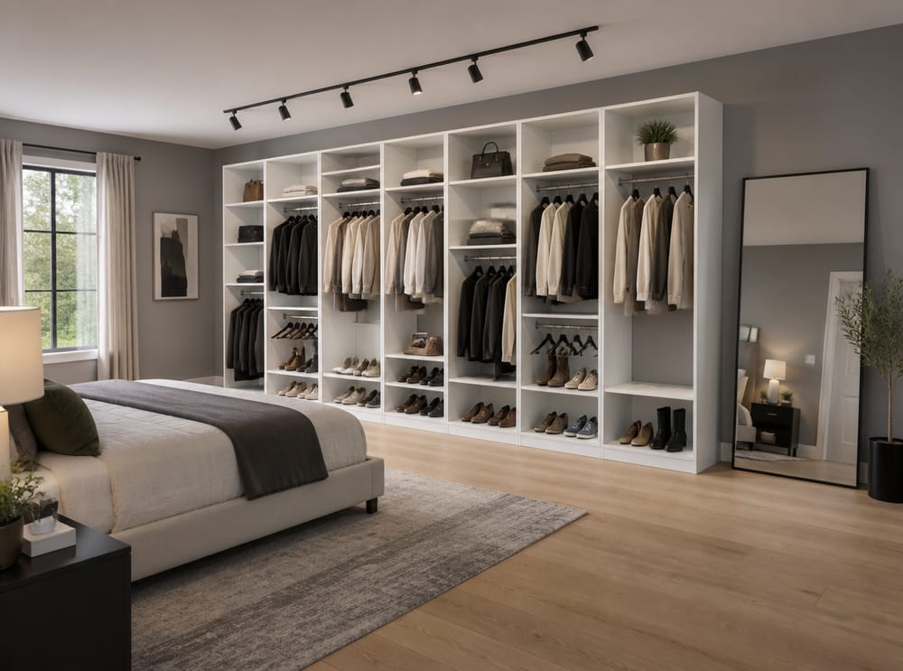 Estantería modular de cubos con barras alternadas para colgar