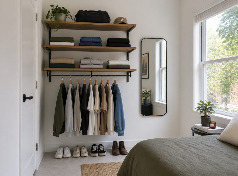 Estantes con soportes de pared y barra debajo de la ventana