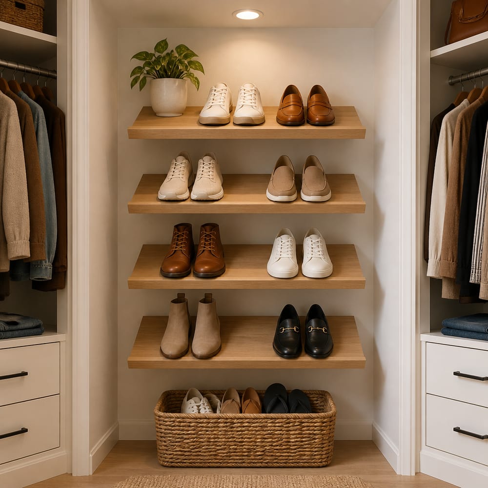 Estantes inclinados para zapatos con cesta de mimbre debajo