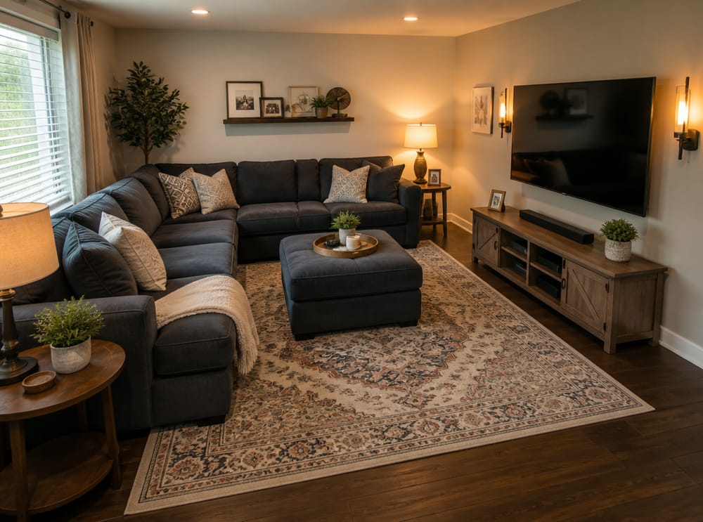 L-shaped sofa in corner, ottoman as coffee table
