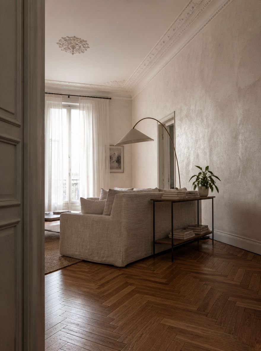 Arc lamp curves over linen sofa, tall ceilings