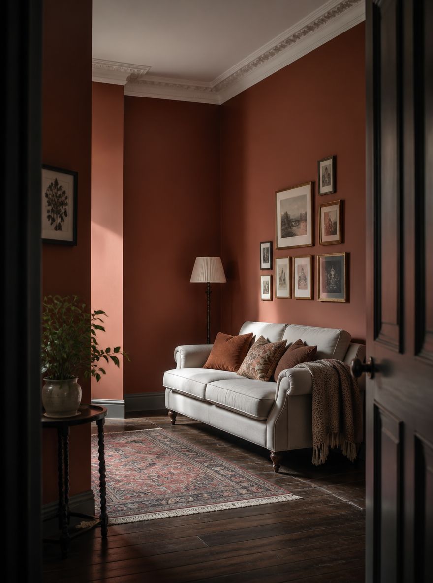 Gallery wall climbs above sofa, terracotta walls