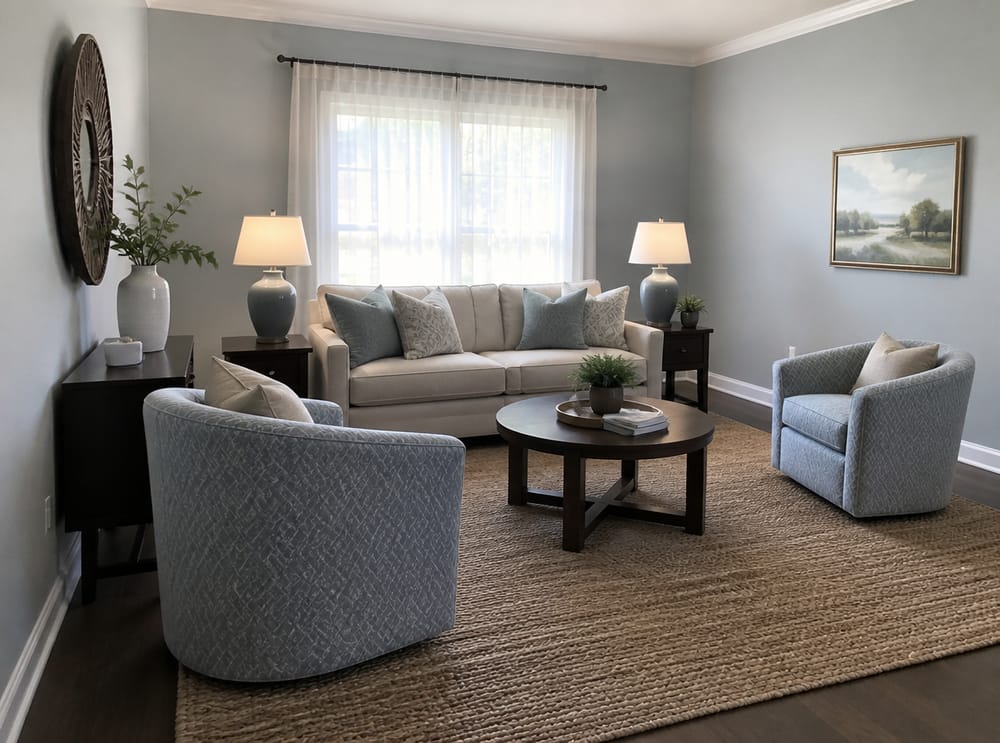 Barrel chairs at right angles to sofa ends